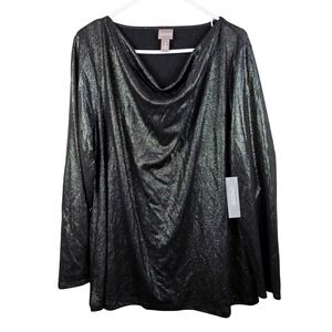 Chicos Cowl Neck Shiny Holiday Long Sleeve Blouse Size 16 / XL Black Glittery